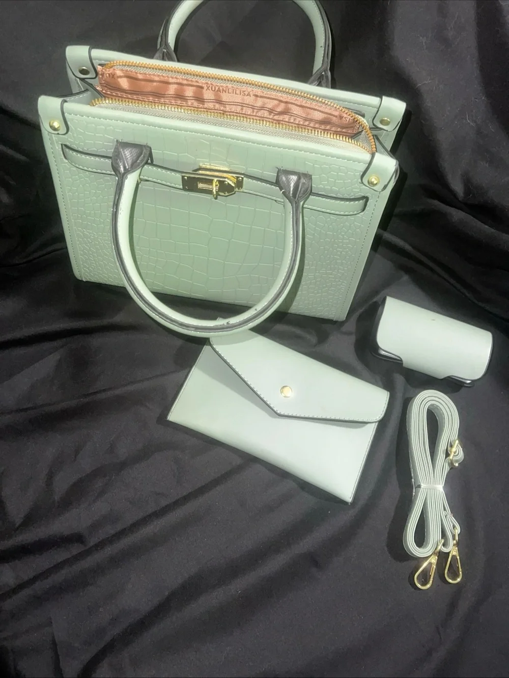 Mint Green Croc-Embossed Satchel Handbag with Wallet & Strap